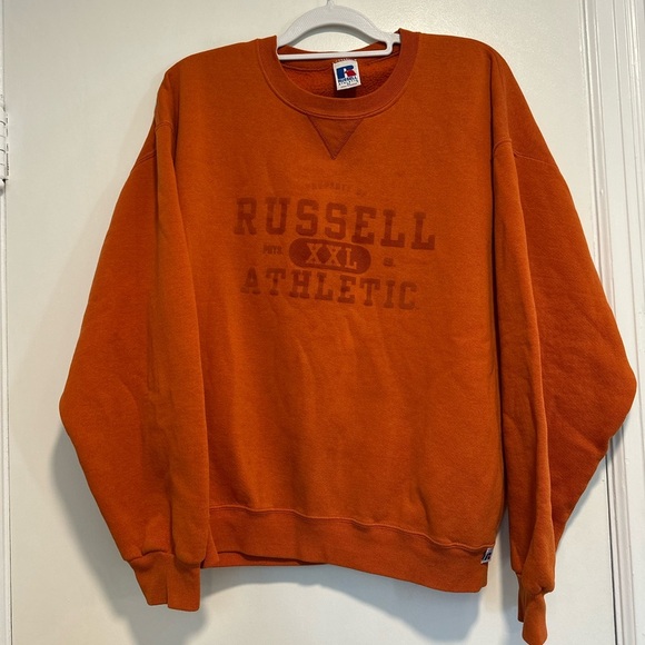 Vintage 90’s Russell Athletic Mens XL Crewneck sweatshirt Orange spell out Logo. - Picture 1 of 12